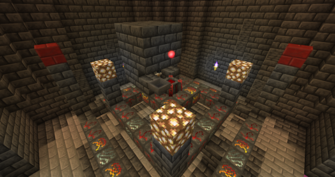 a large altar with pillars of glowstone and blood bricks sits in a large stone room