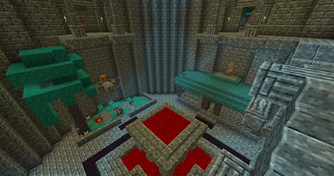 a bluish-gray stone room with a fountain of blood and warped trees