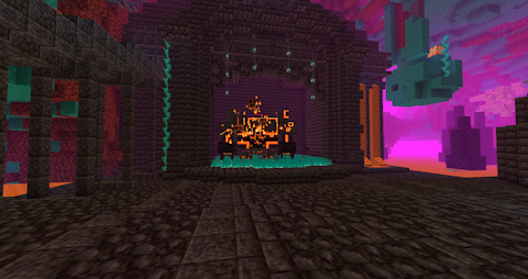 standing in a field of soul fire, a huge lava-encrusted golem creature shoots fireballs at the player