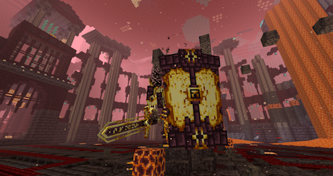 a fiery warrior wielding a massive shield and sword menaces the player